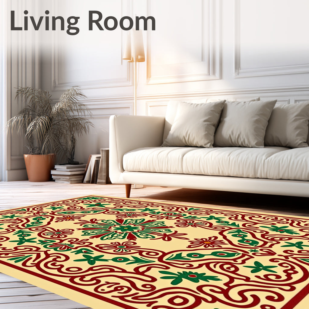 Crimson Green Floral Curvilinear Frame Rug
