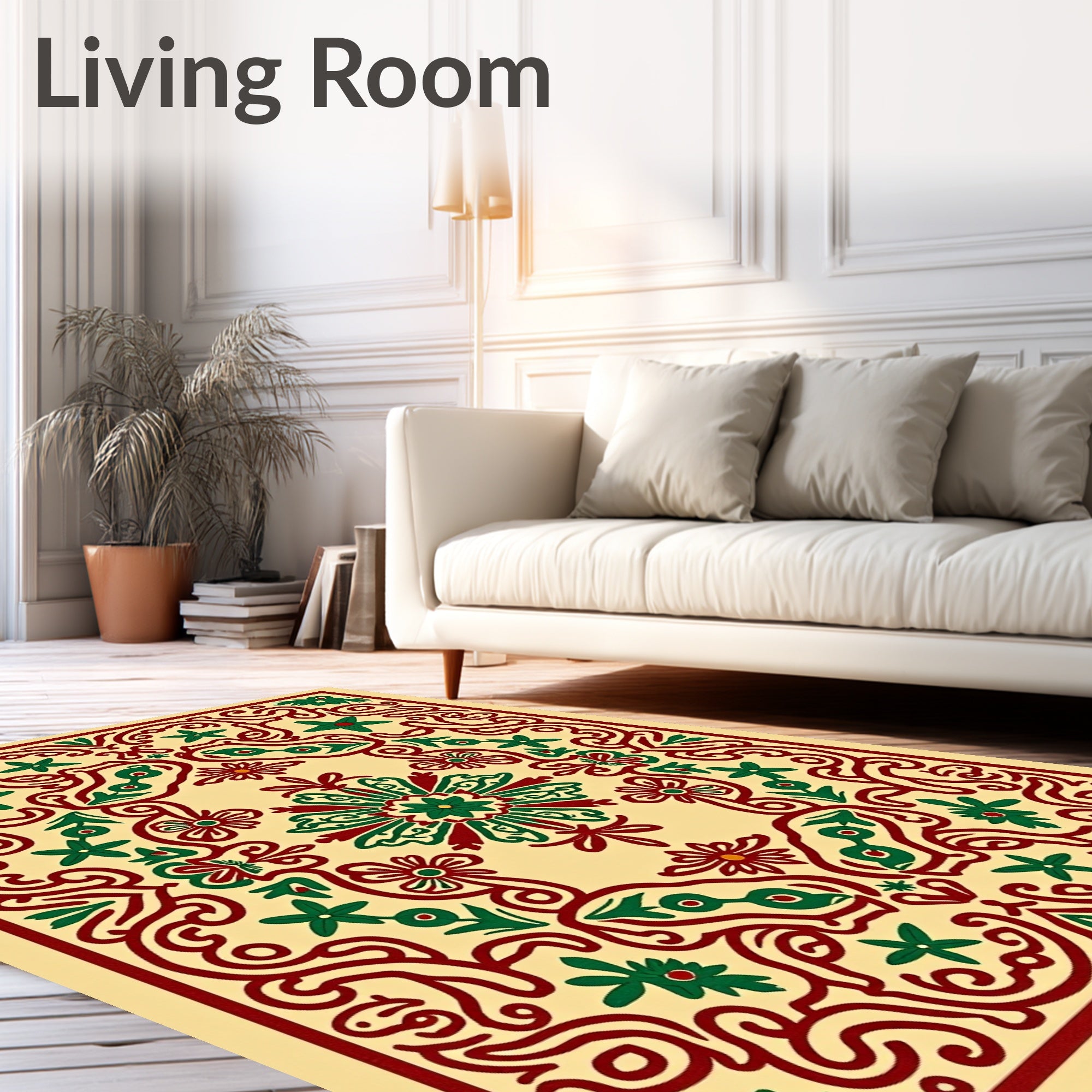 Crimson Green Floral Curvilinear Frame Rug