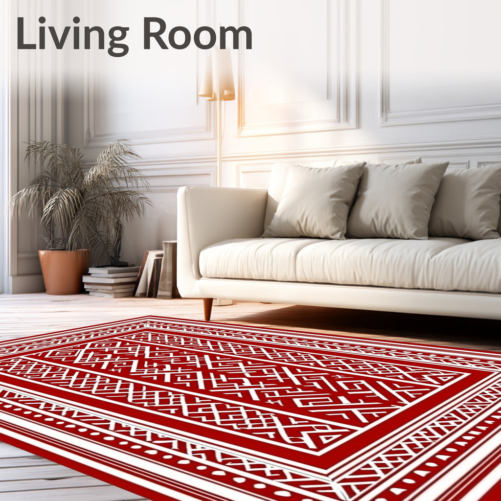 Crisp Red White Geometric Ancestral Rug