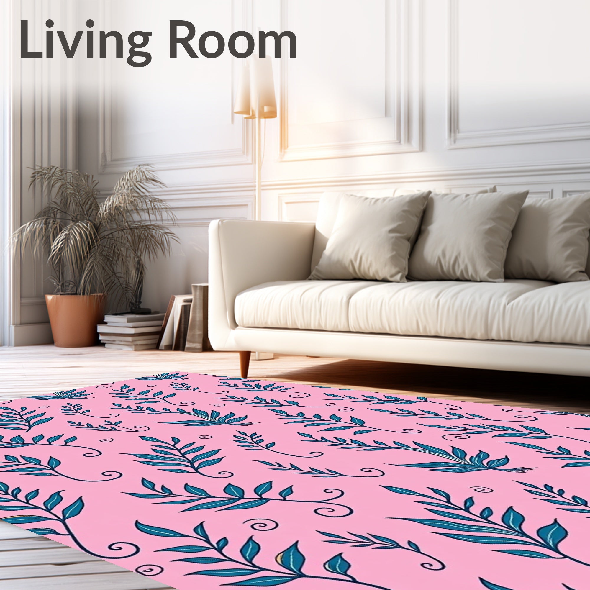 Teal Leafy Branches on Pink Rug