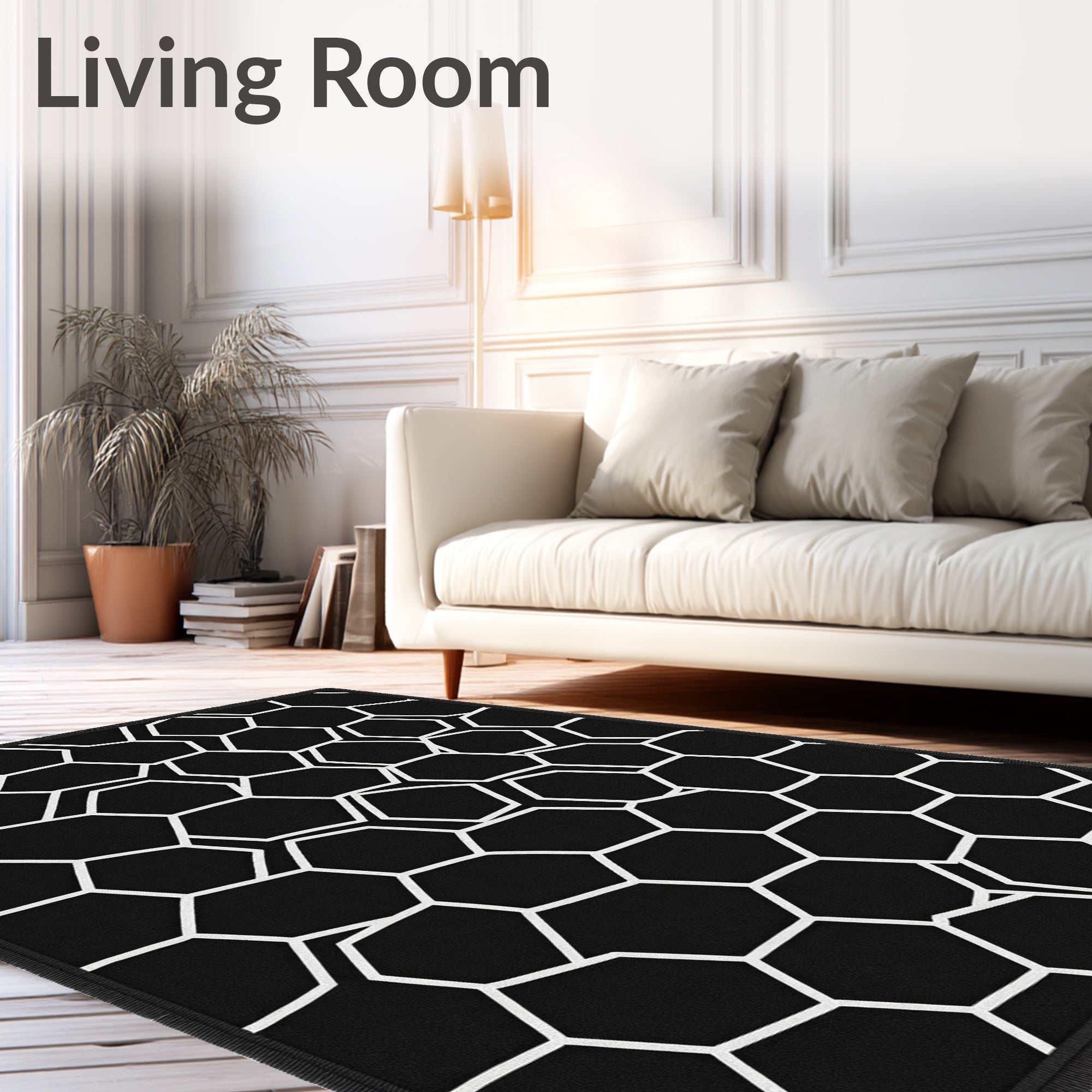 Black White Hexagonal Geometric Abstract Rug