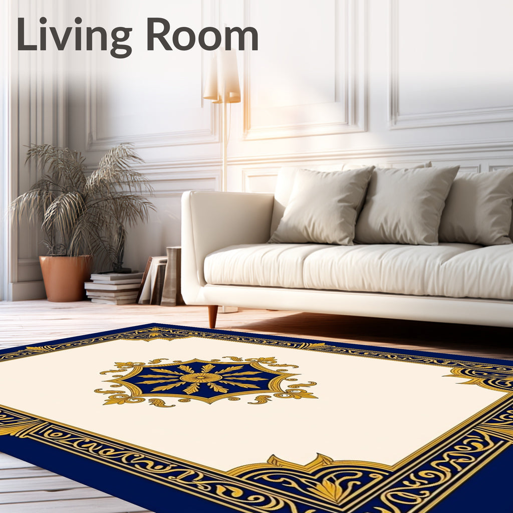 Ornate Blue Gold Medallion Border Rug