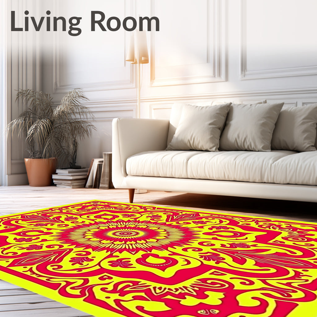 Vibrant Red Yellow Sunburst Mandala Rug
