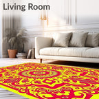 Vibrant Red Yellow Sunburst Mandala Rug