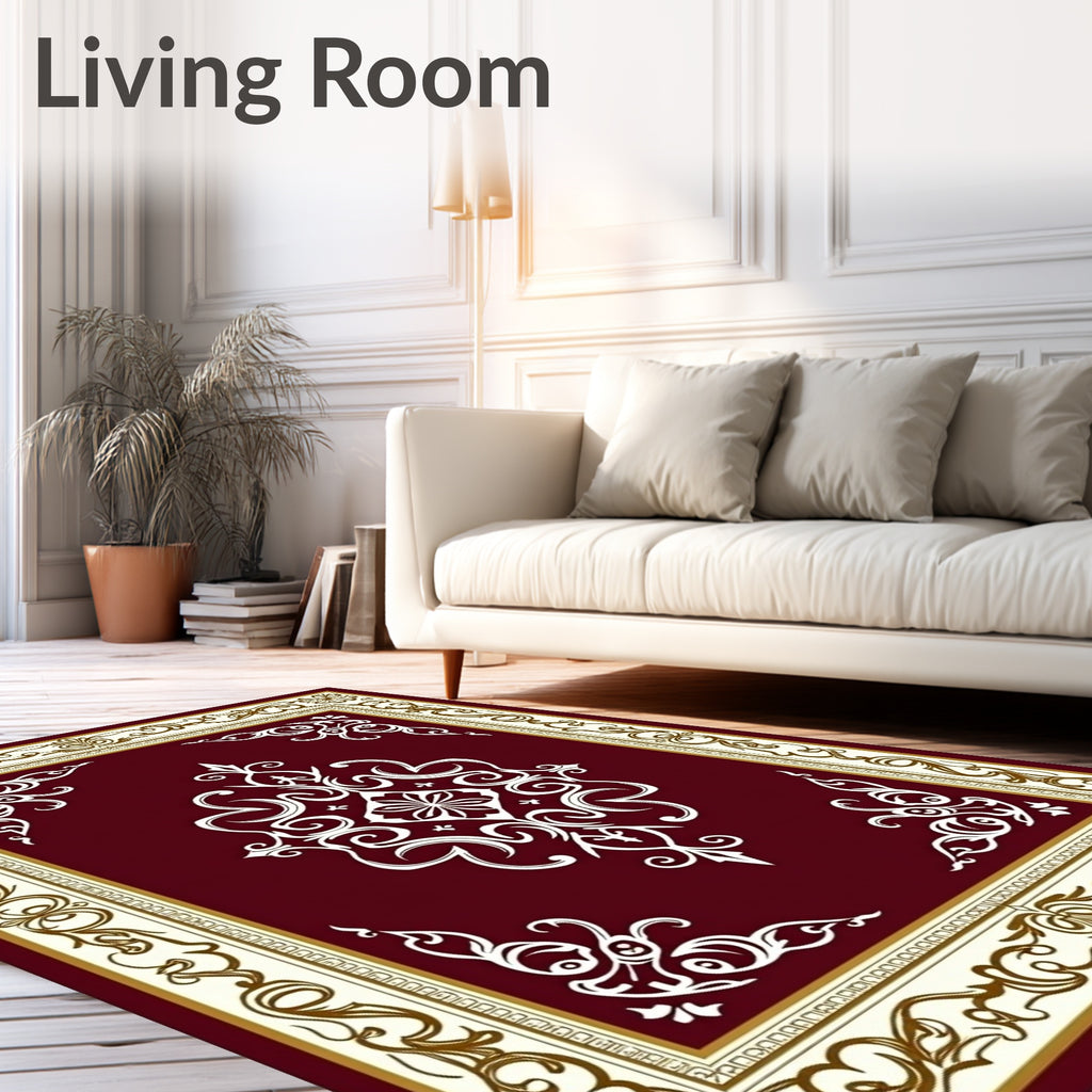 Burgundy Ivory Gold Damask Medallion Rug