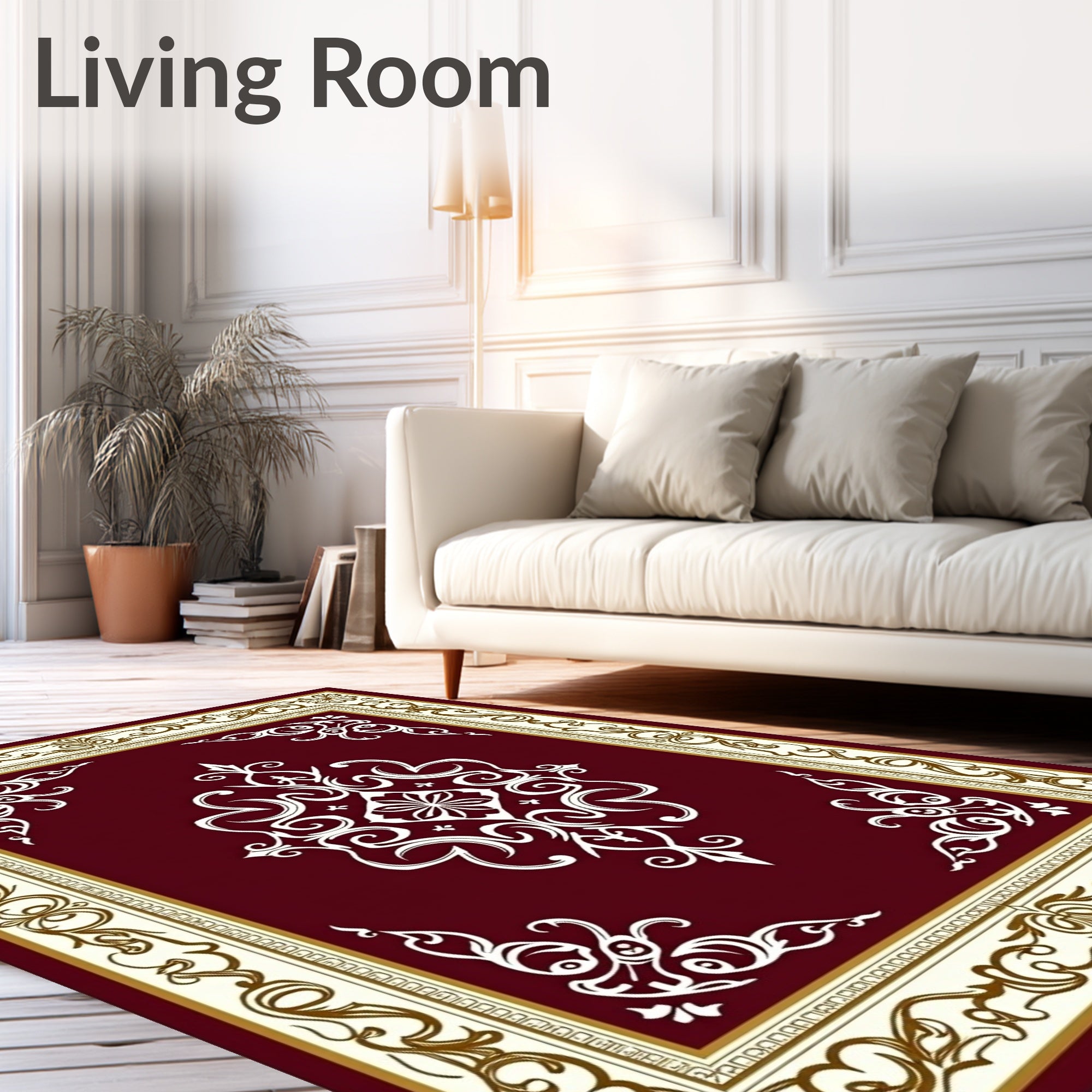 Burgundy Ivory Gold Damask Medallion Rug