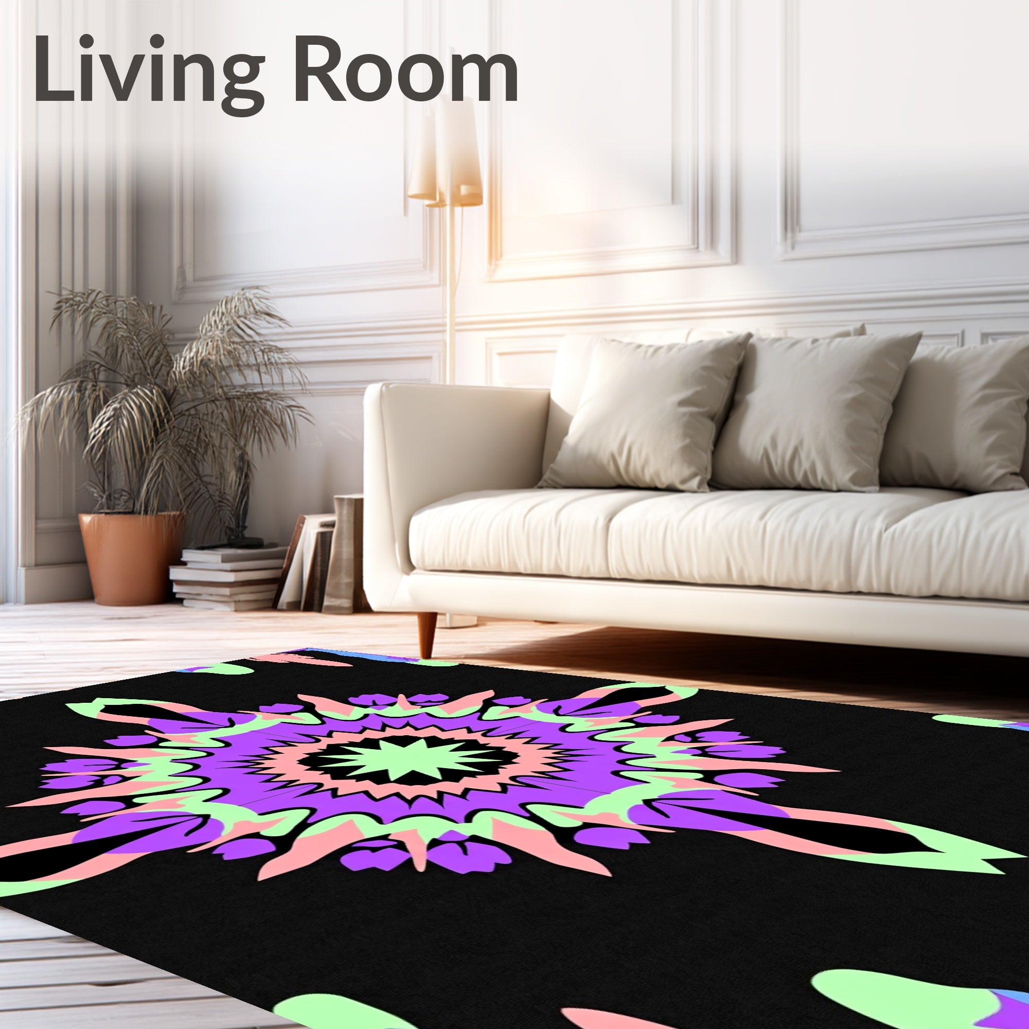 Pastel Mandala Starburst Black Rug