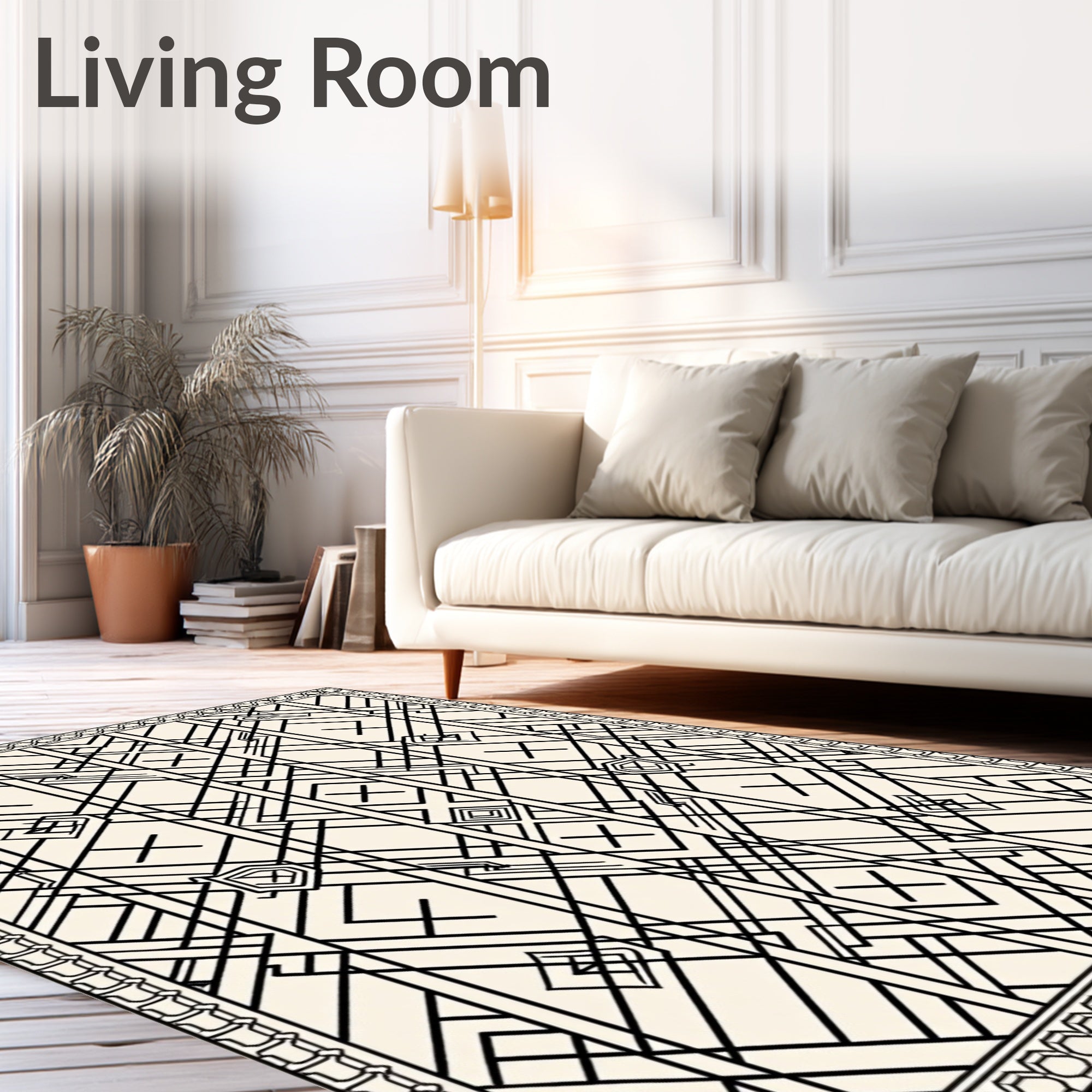 Cream Black Geometric Art Deco Rug