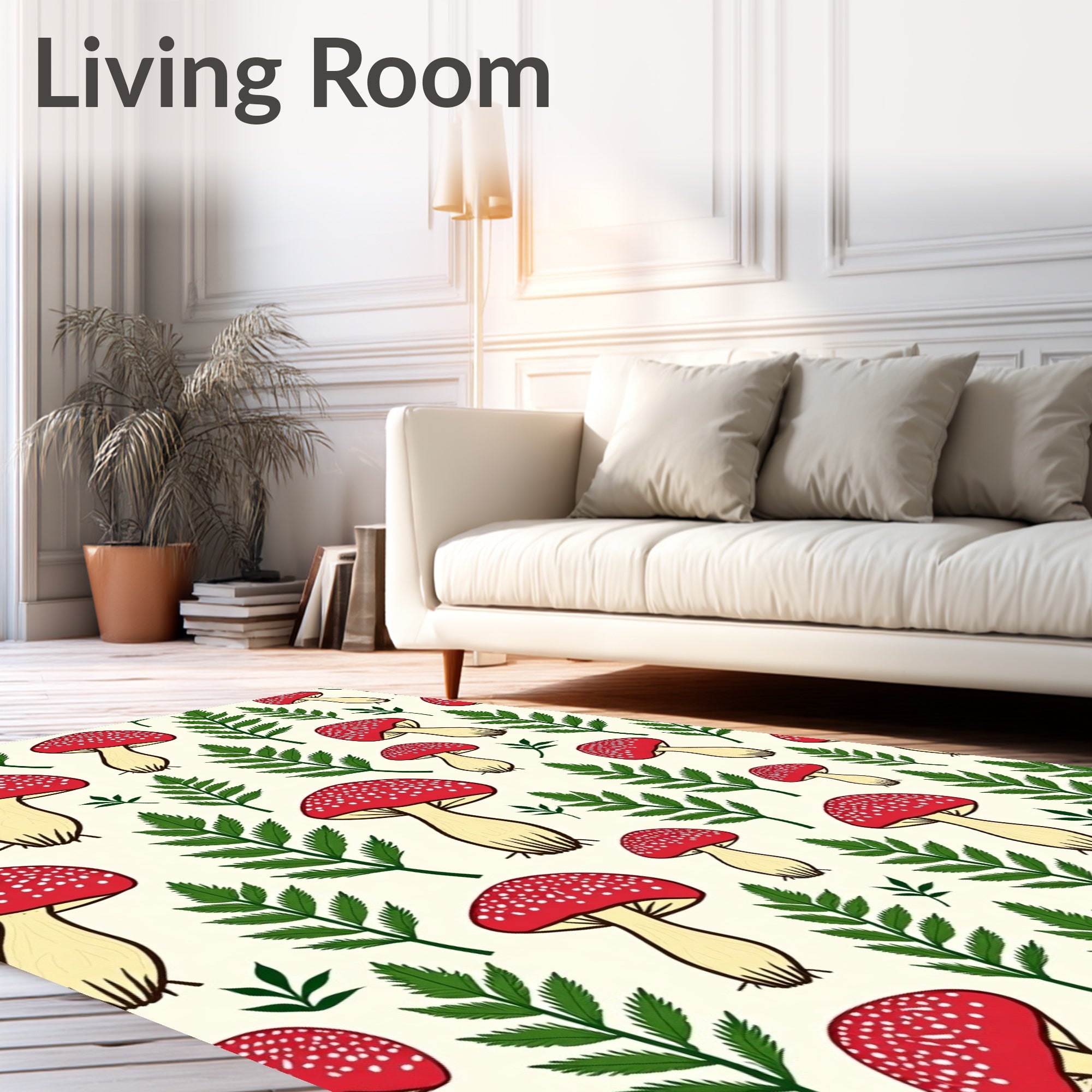 Red Mushroom Fern Forest Pattern Rug