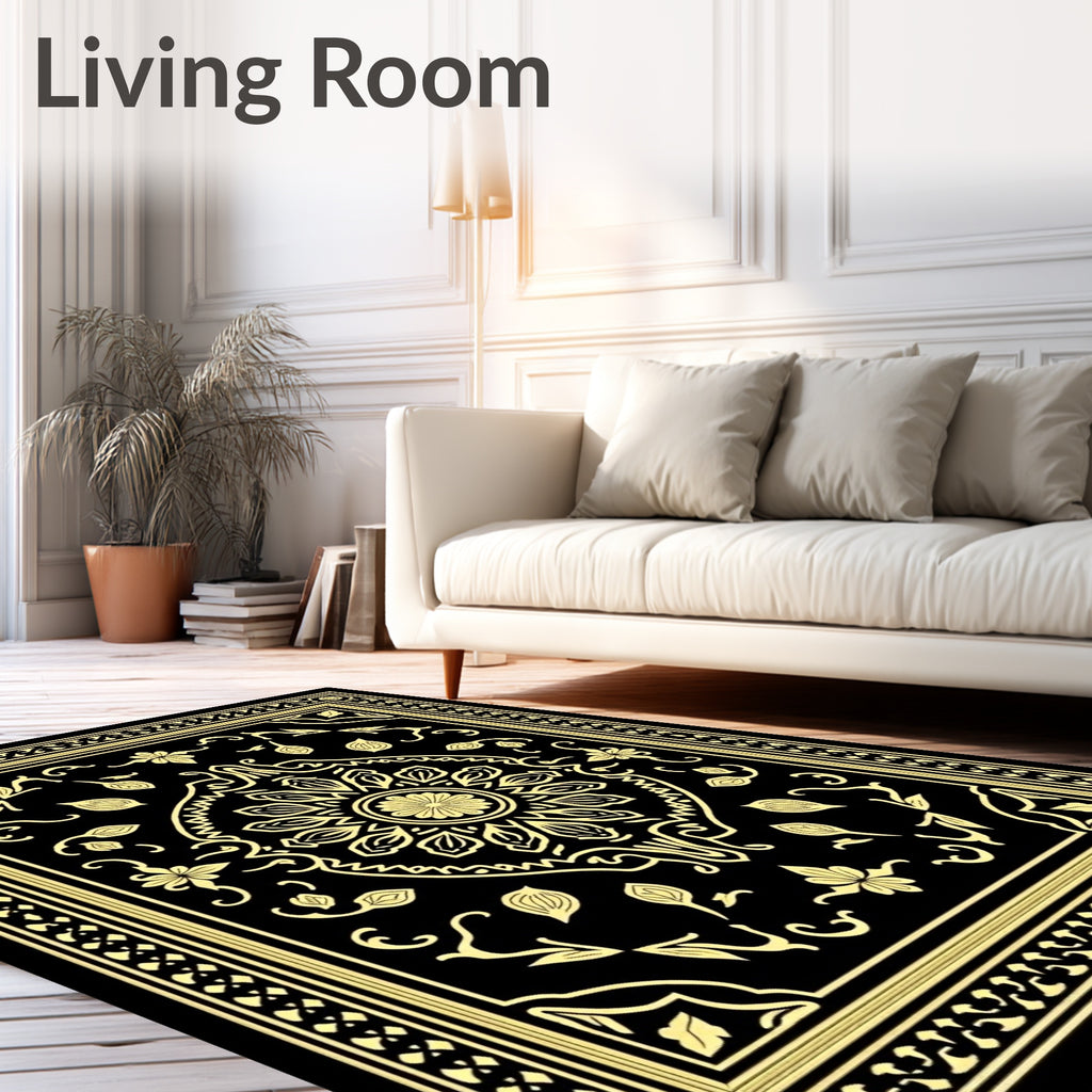 Black and Gold Floral Medallion Border Rug