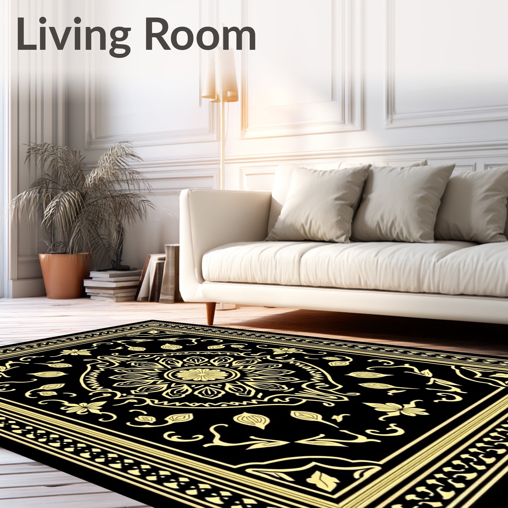 Black and Gold Floral Medallion Border Rug