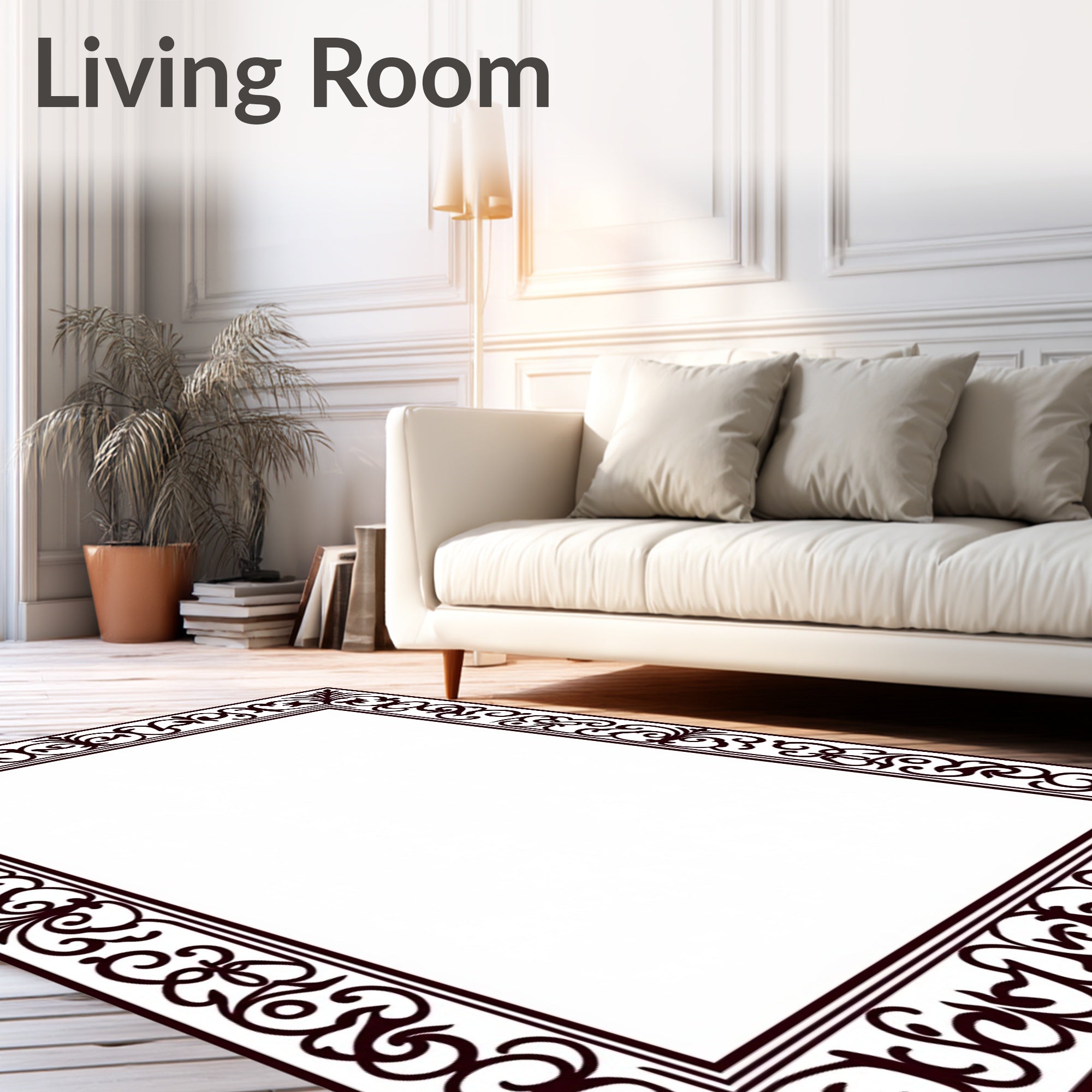 Ornate Deep Brown Scrollwork Border Rug