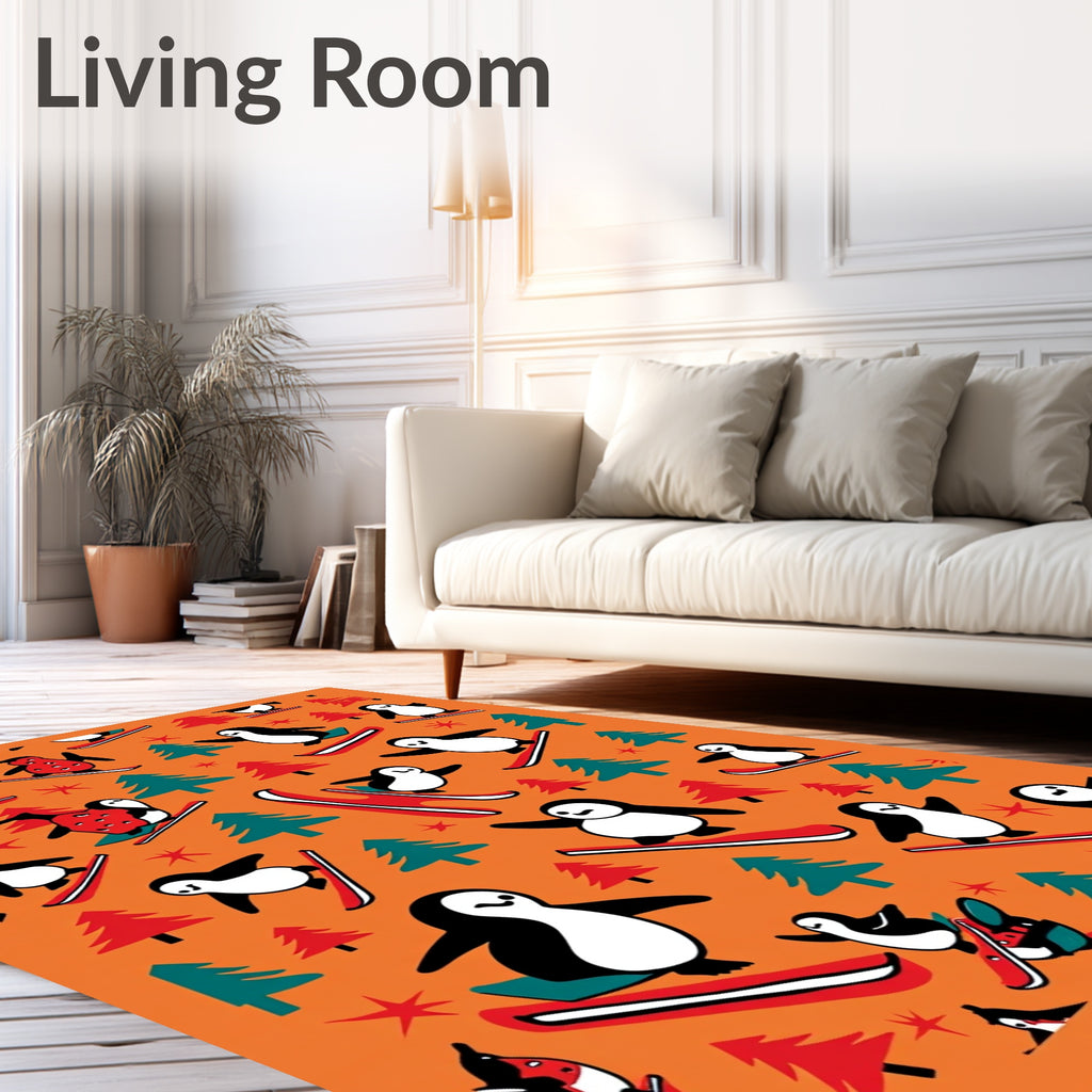 Whimsical Penguin Skiing Forest Orange Rug