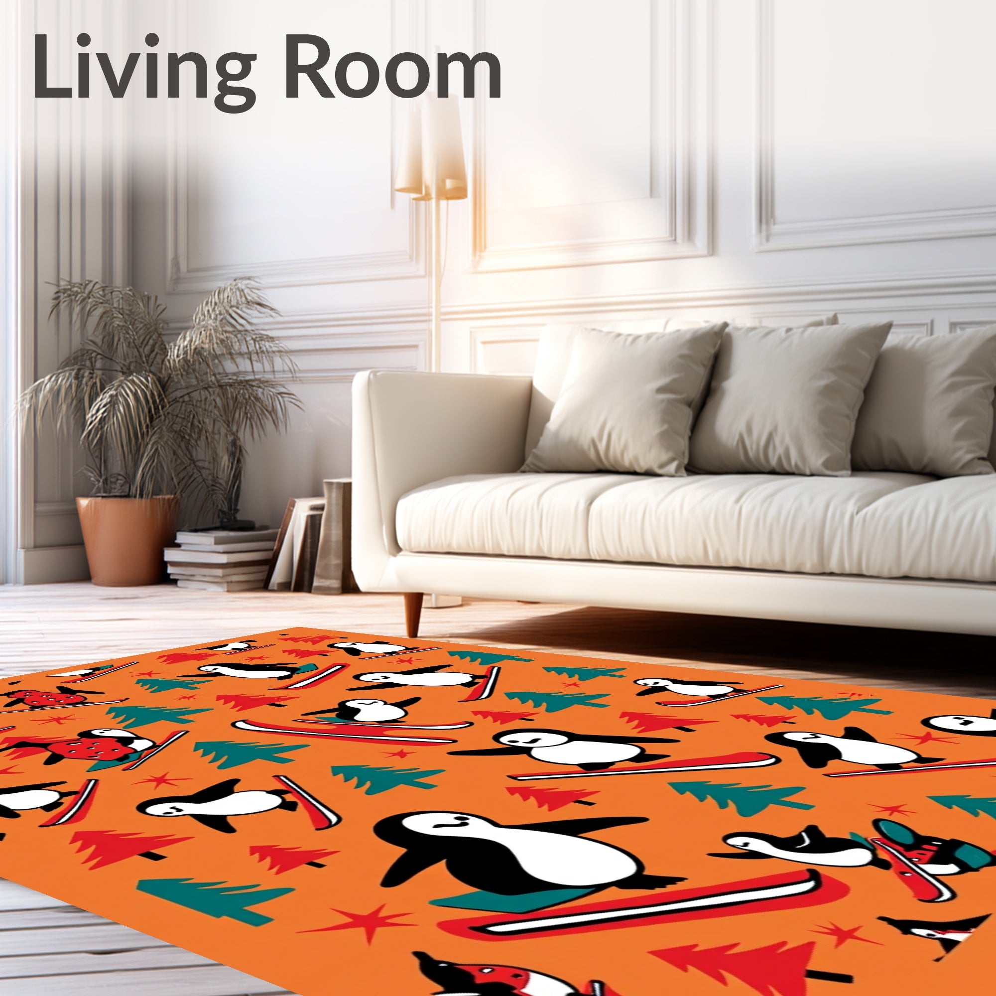 Whimsical Penguin Skiing Forest Orange Rug