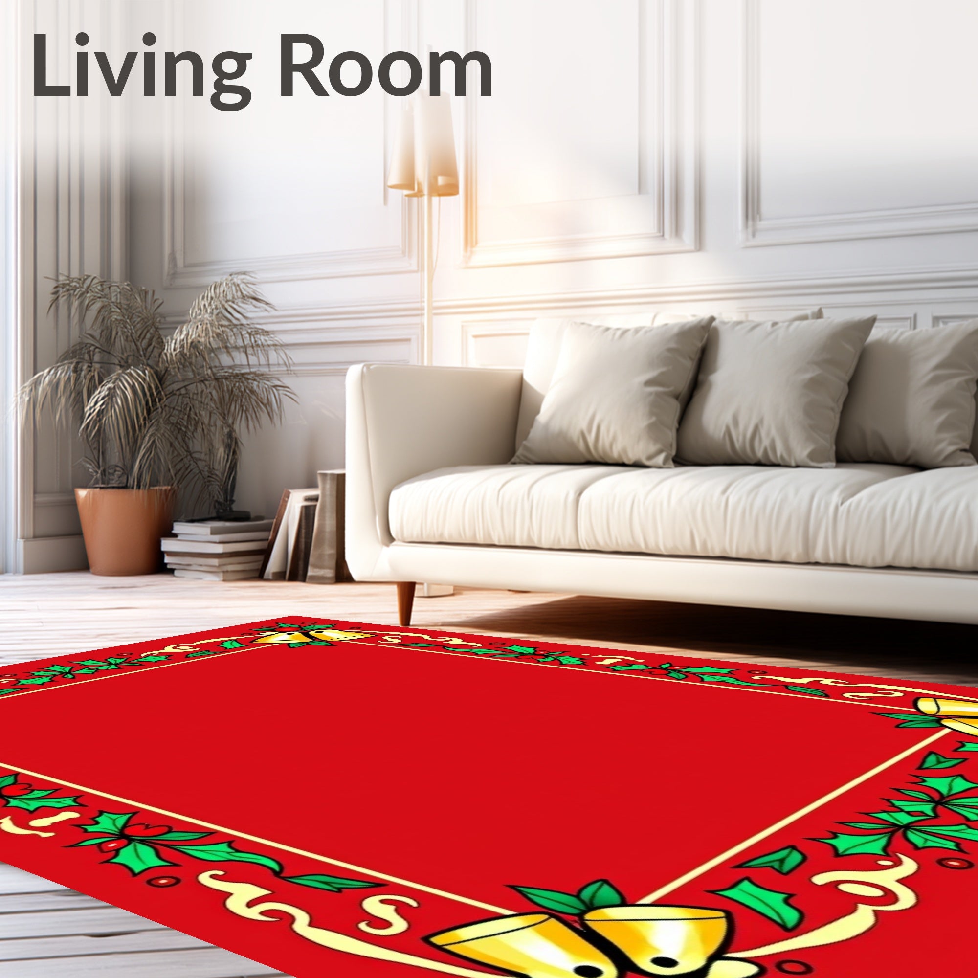 Festive Red Gold Holly Bells Frame Rug