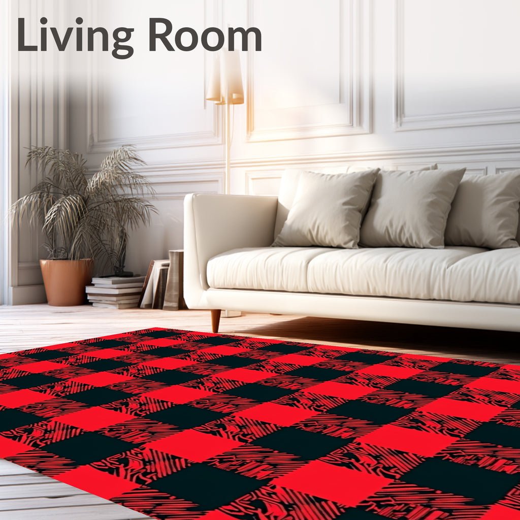Red Black Abstract Checkered Squares Rug