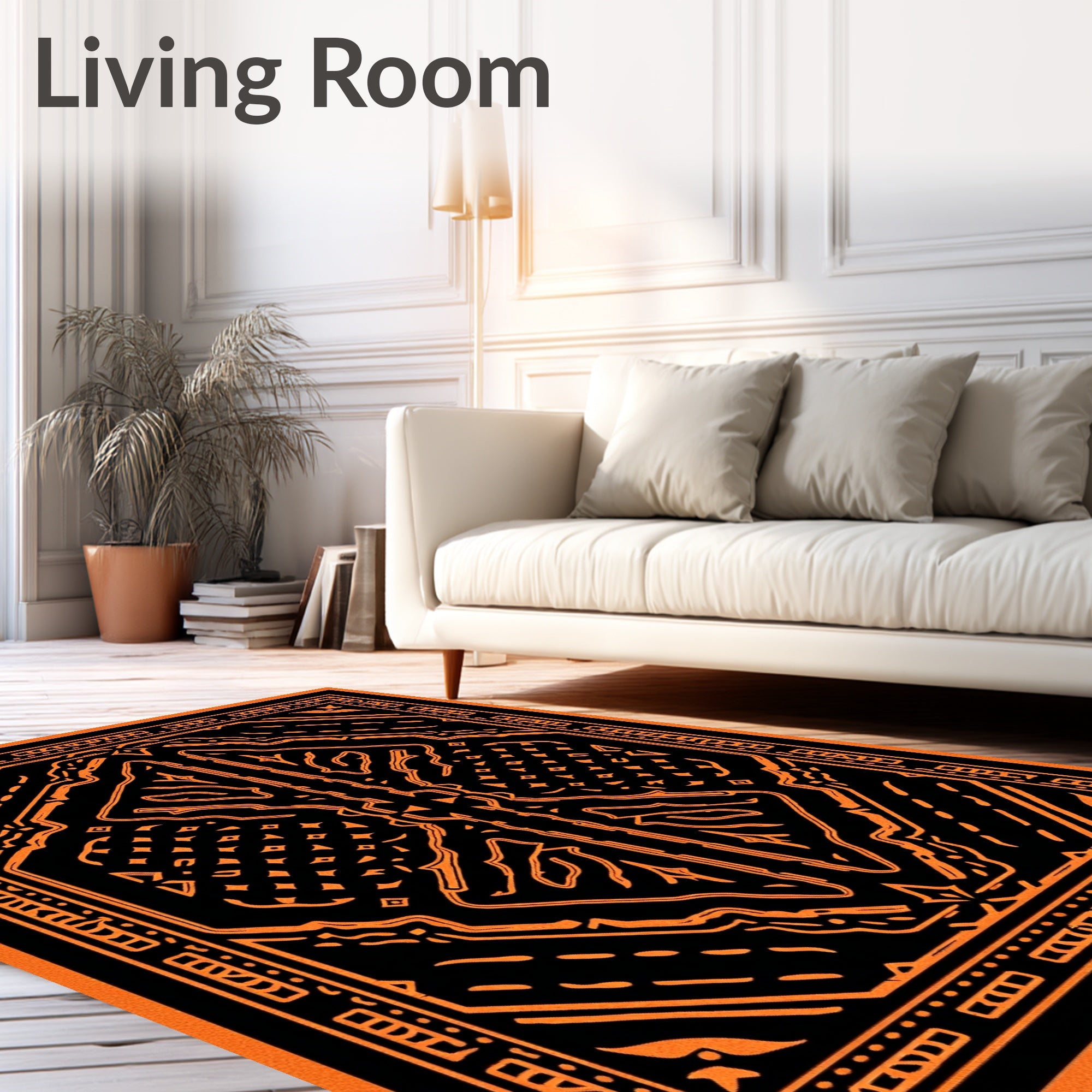 Bold Orange Black Geometric Frame Rug