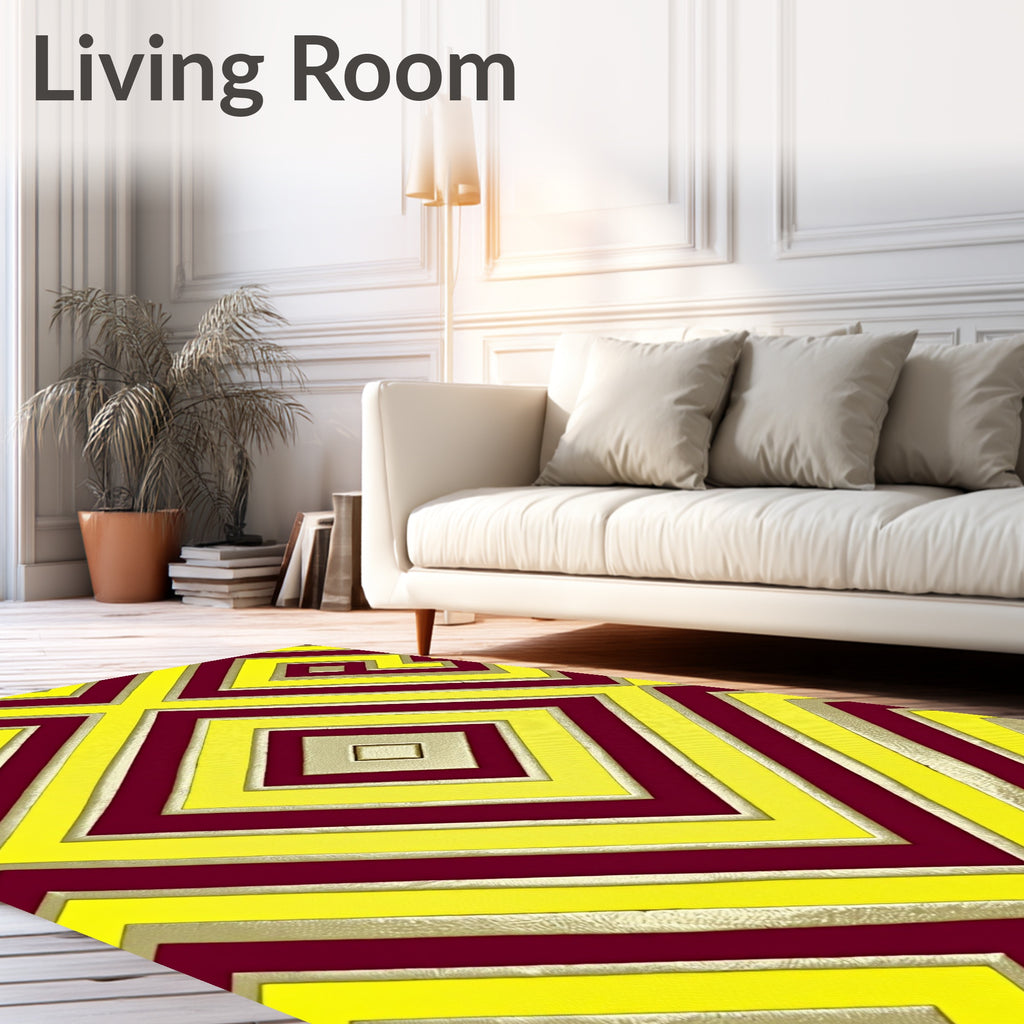 Golden Yellow Burgundy Geometric Diamonds Rug