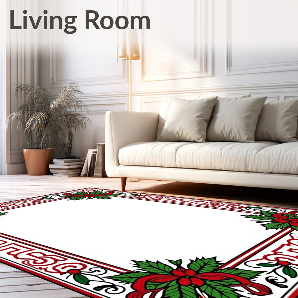 Crimson Green Holly Poinsettia Frame Rug