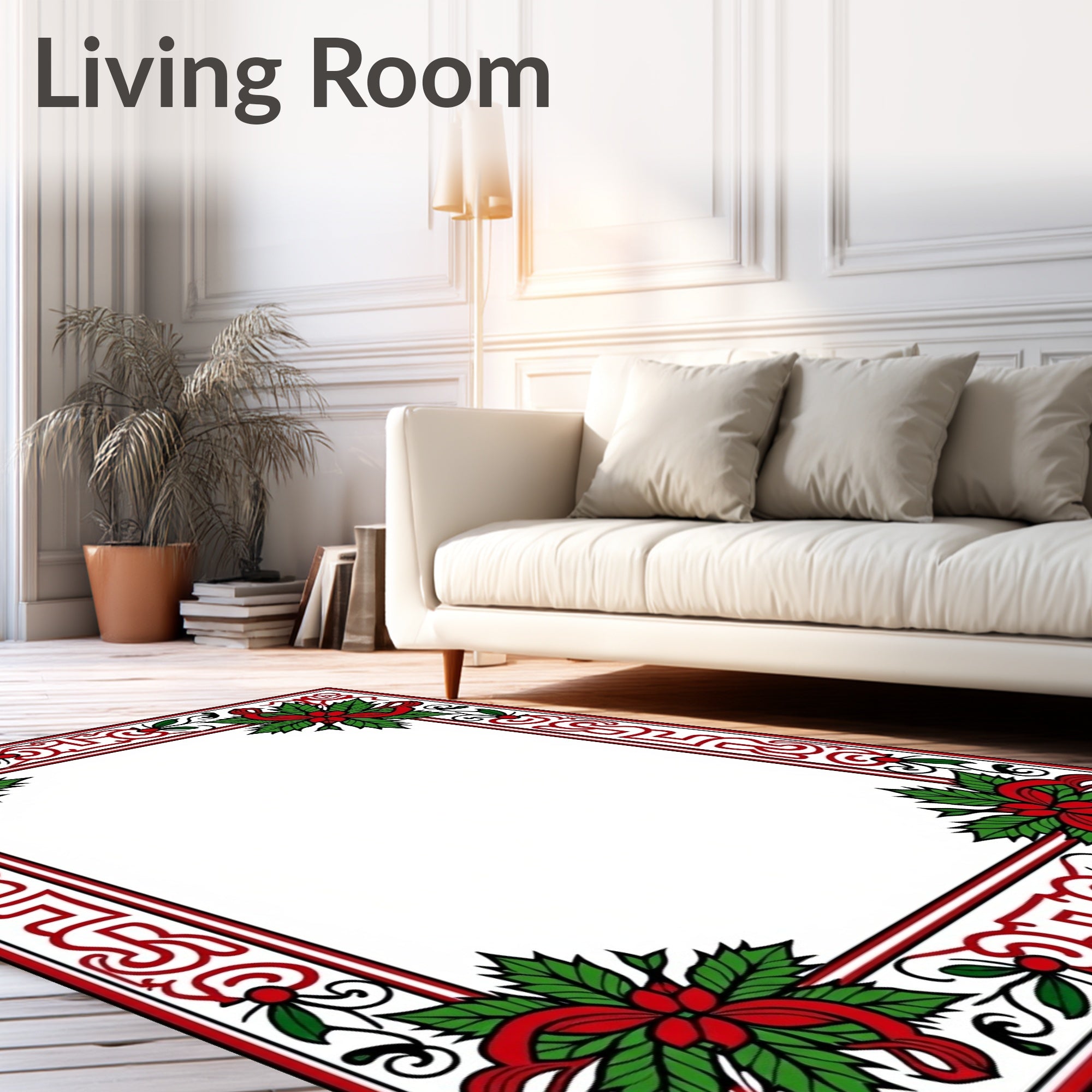 Crimson Green Holly Poinsettia Frame Rug