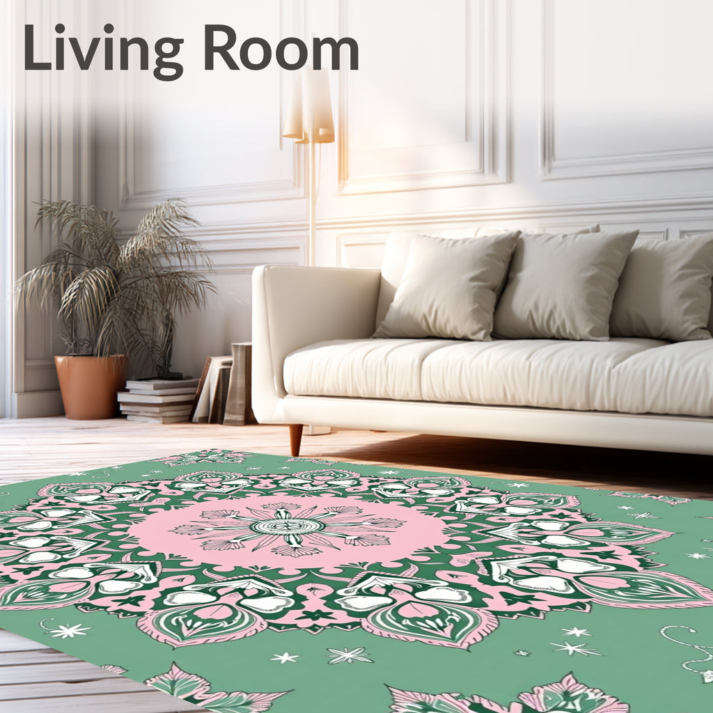 Pink and Green Floral Mandala Rug