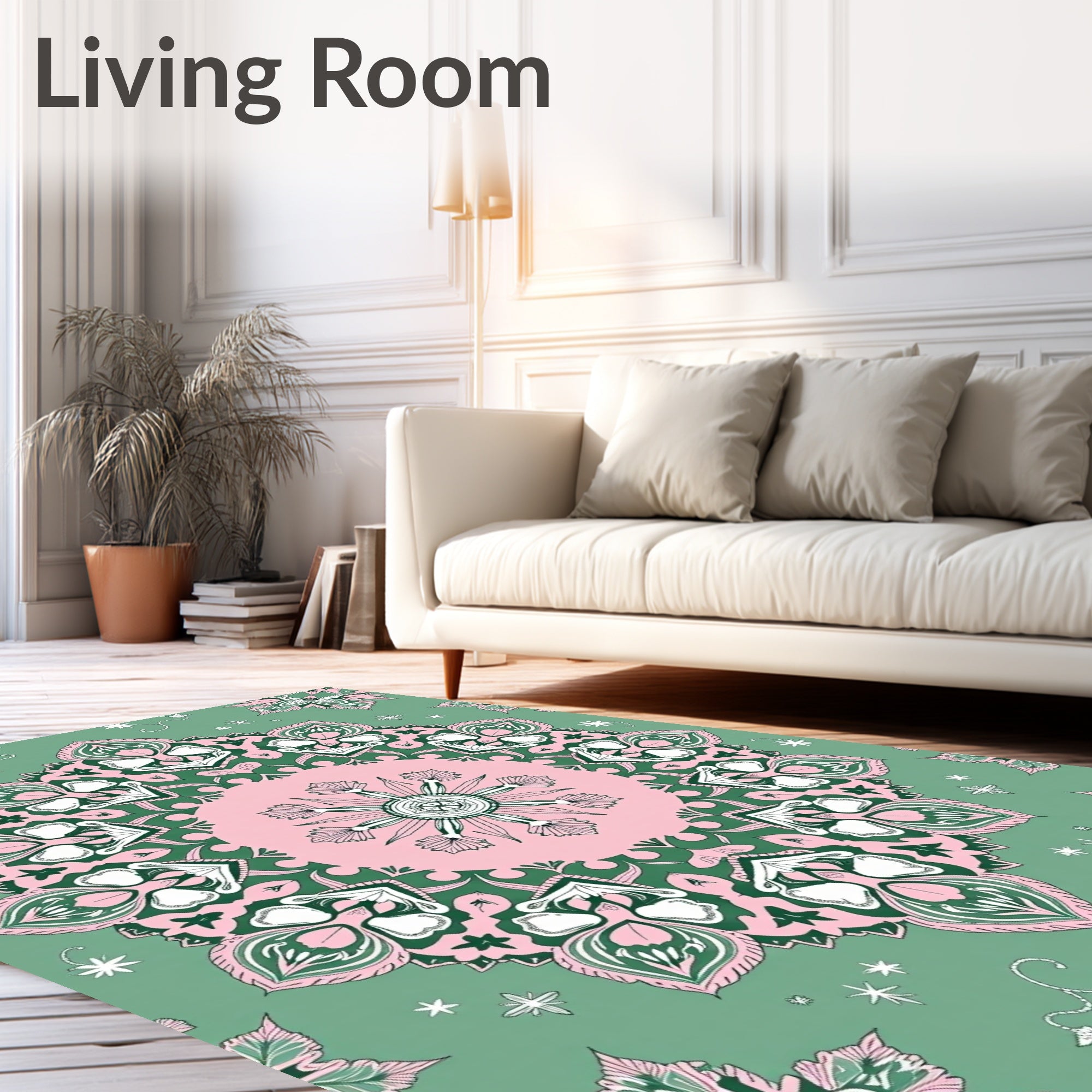 Pink and Green Floral Mandala Rug