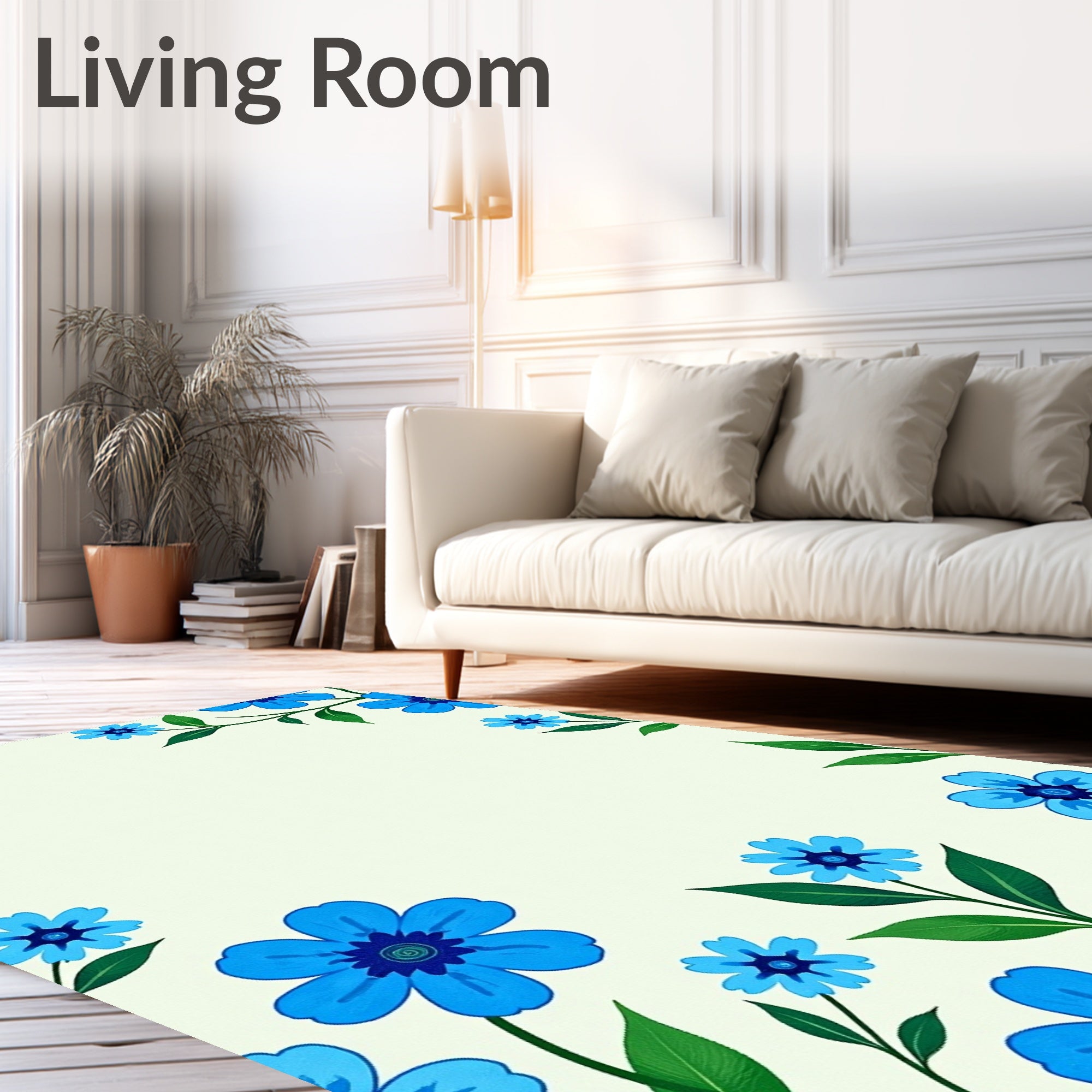 Vibrant Blue Floral Border Accent Rug
