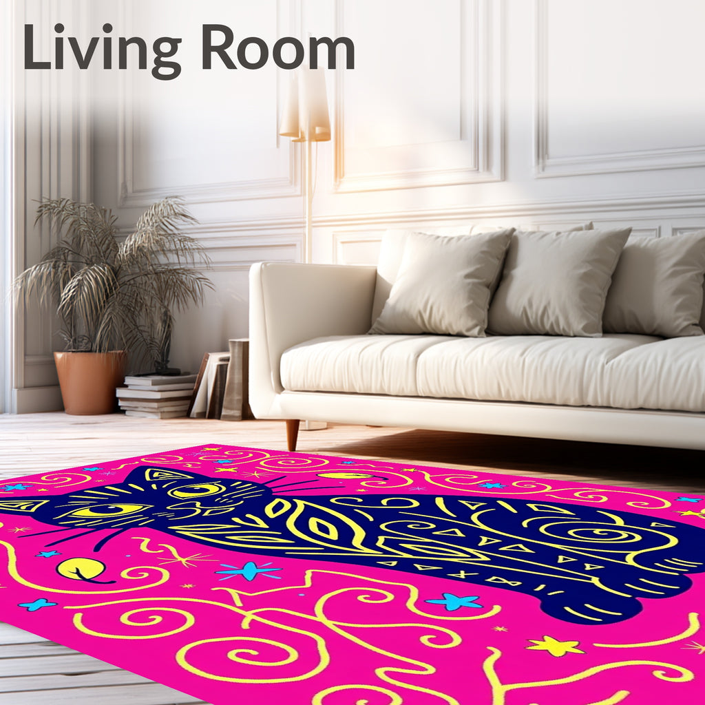 Whimsical Blue Cat Pink Swirls Rug