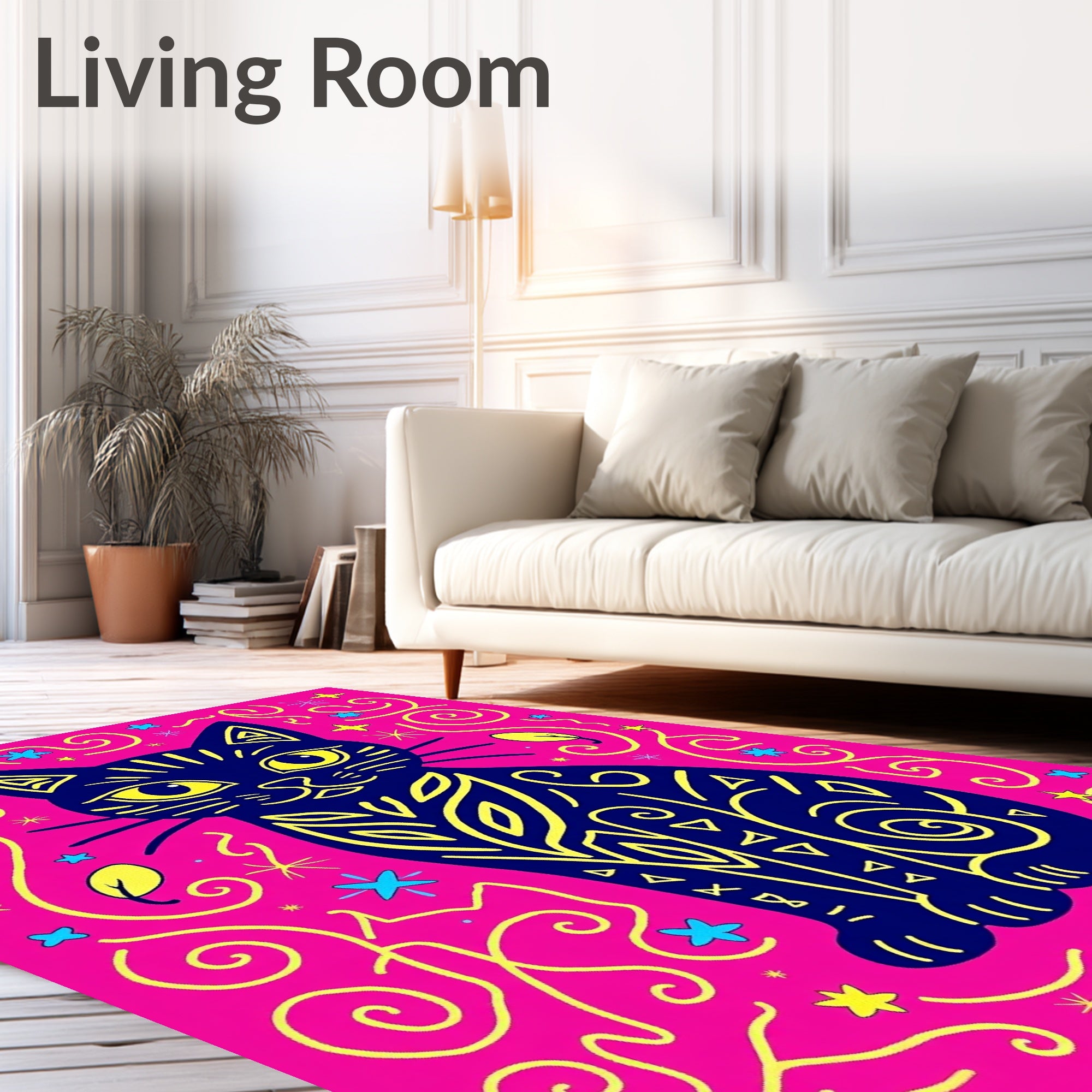 Whimsical Blue Cat Pink Swirls Rug