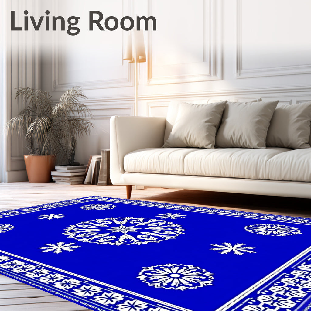 Vibrant Blue White Mandala Snowflakes Rug