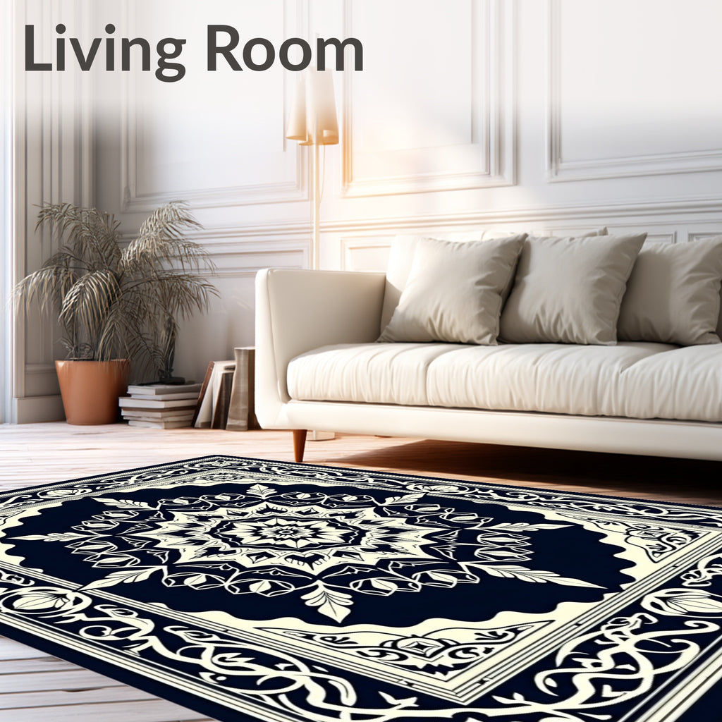 Dark Blue Floral Medallion Manor Rug