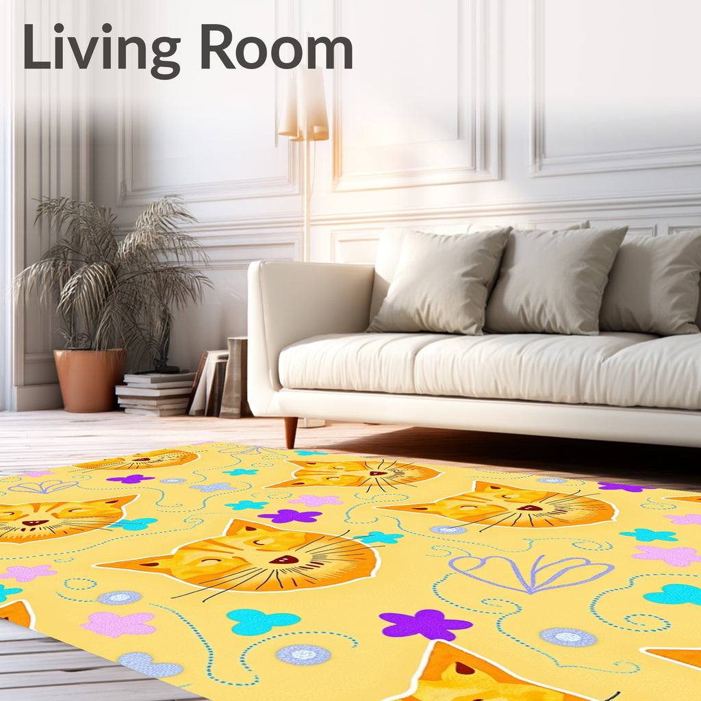 Whimsical Orange Cat Floral Meadow Rug