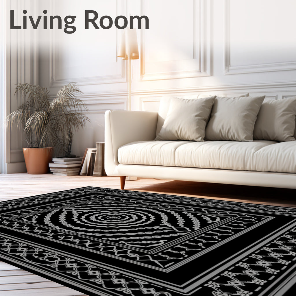 Ornate Black and White Geometric Mandala Rug