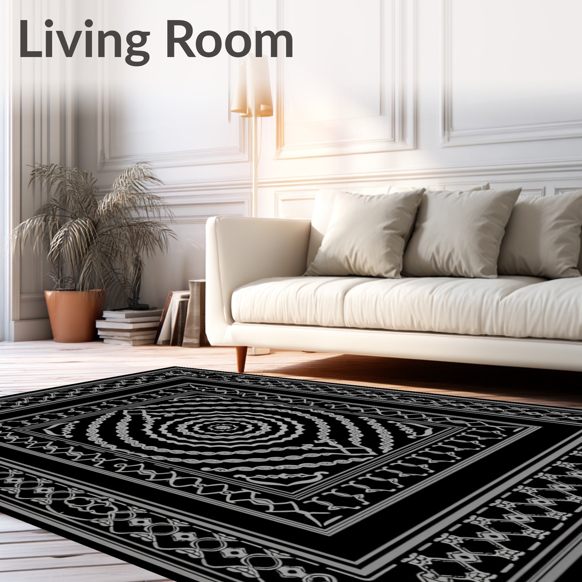 Ornate Black and White Geometric Mandala Rug