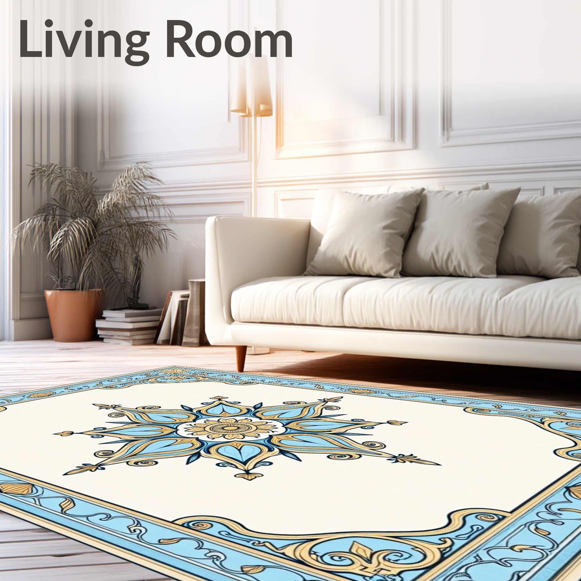 Blue Ochre Floral Medallion Border Rug