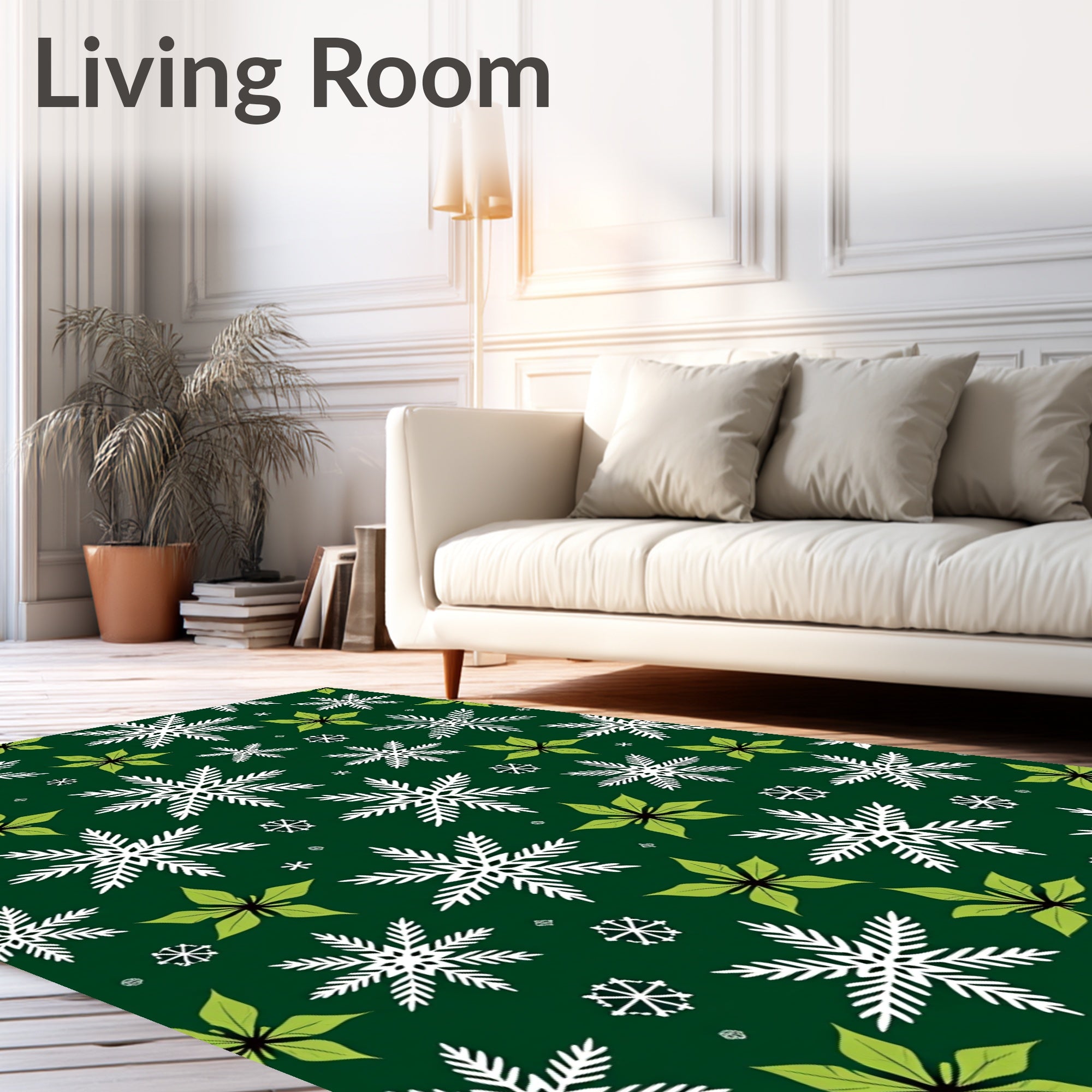 White Snowflake Green Poinsettia Christmas Rug