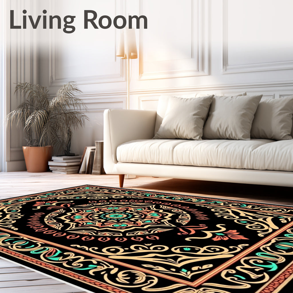 Black Coral Teal Mandala Medallion Rug