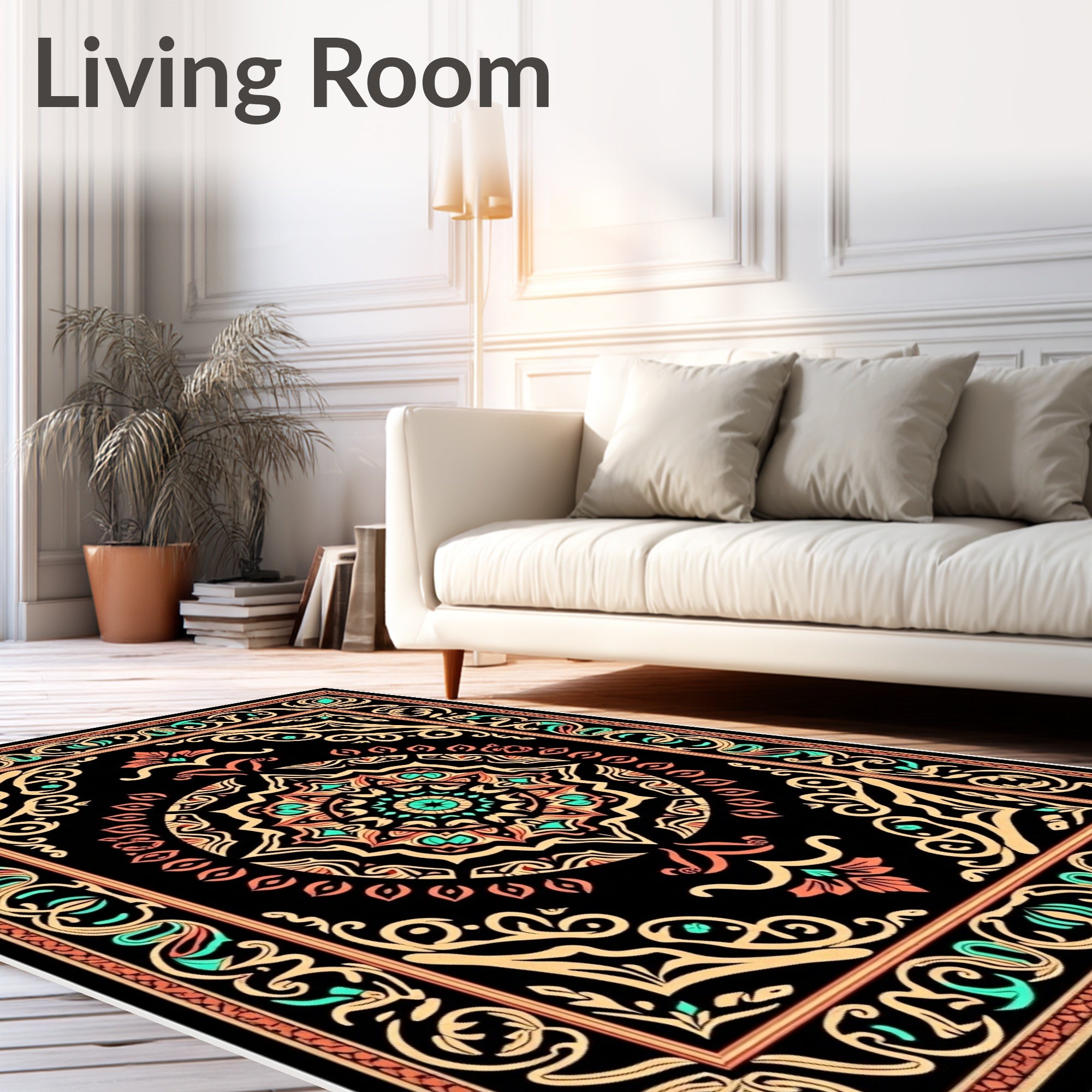 Black Coral Teal Mandala Medallion Rug