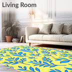 Vibrant Blue Leafy Branches Yellow Rug