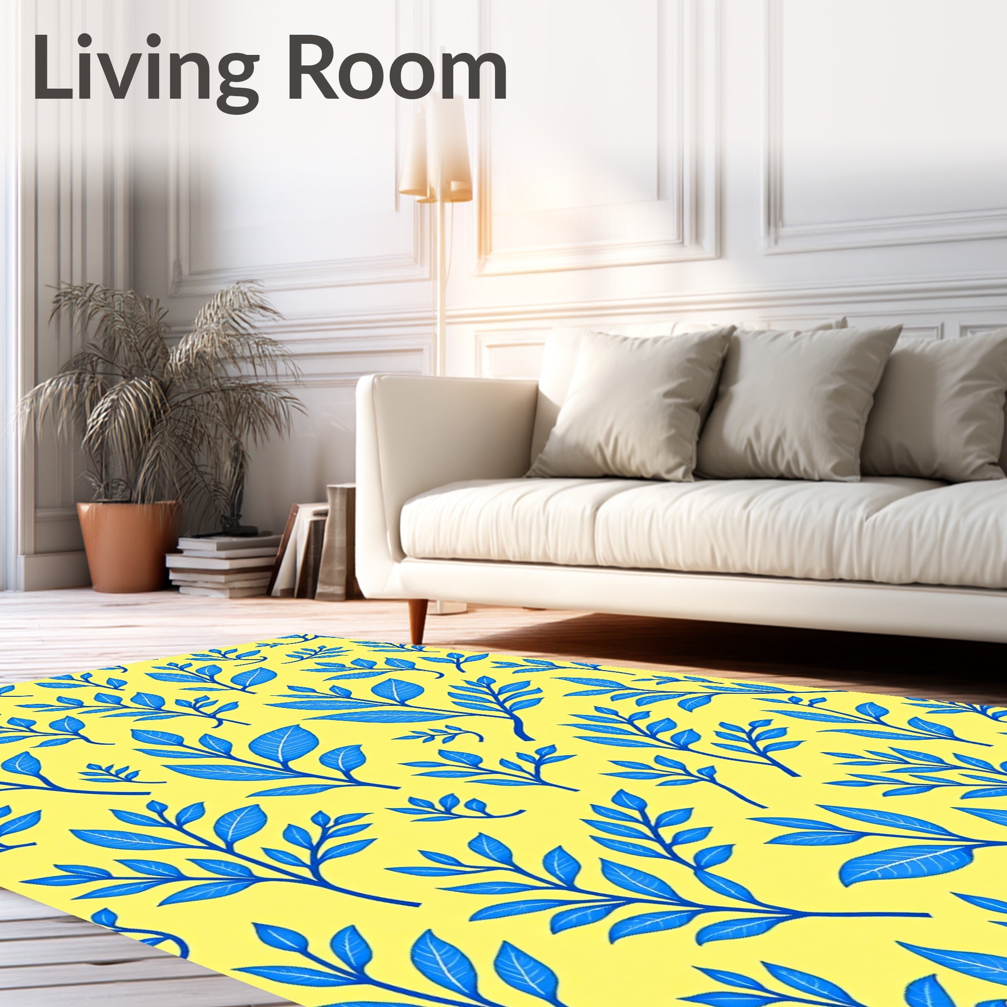 Vibrant Blue Leafy Branches Yellow Rug