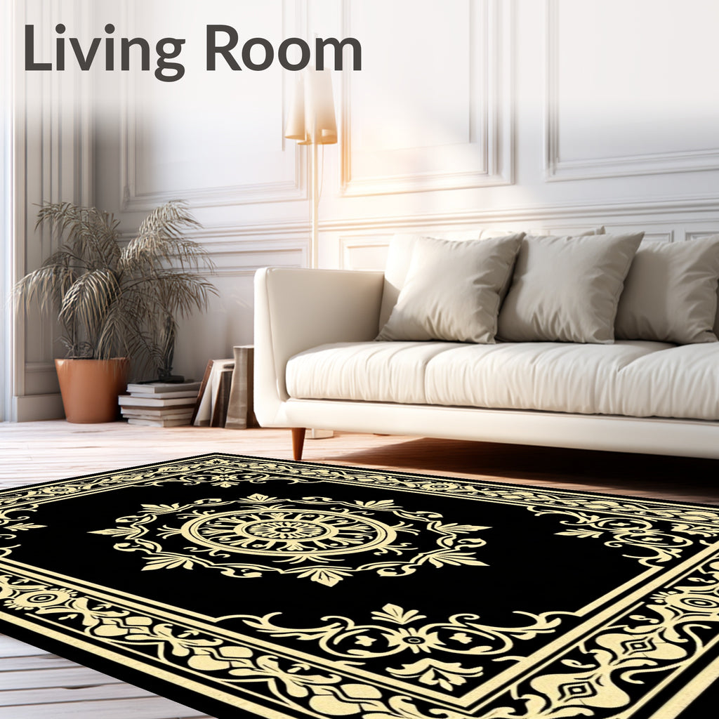 Classic Black Gold Floral Medallion Rug