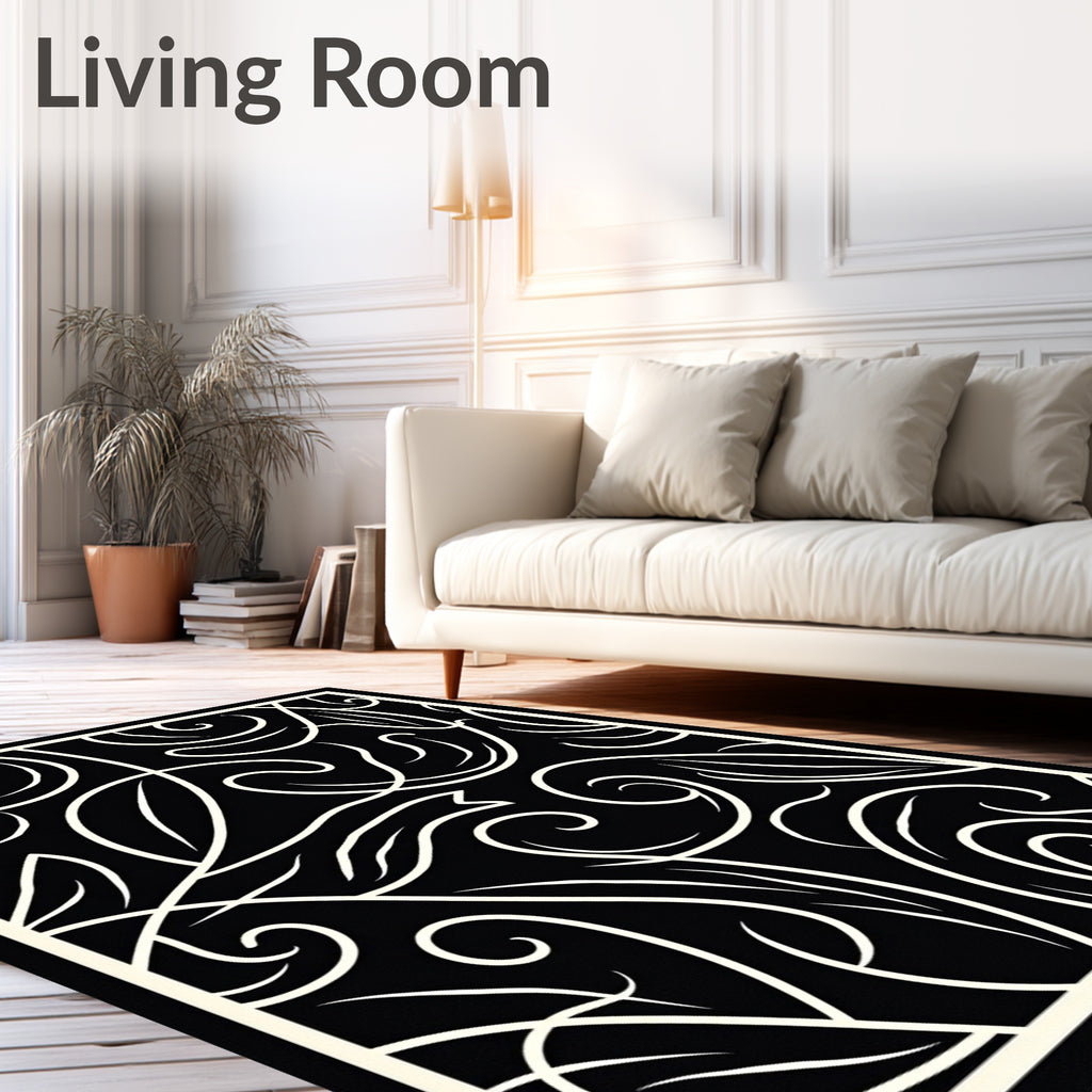 Black and Cream Swirling Floral Vine Rug