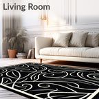 Black and Cream Swirling Floral Vine Rug