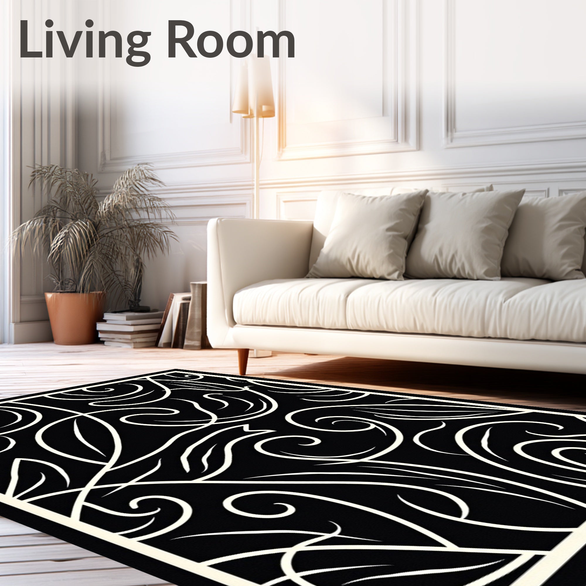 Black and Cream Swirling Floral Vine Rug
