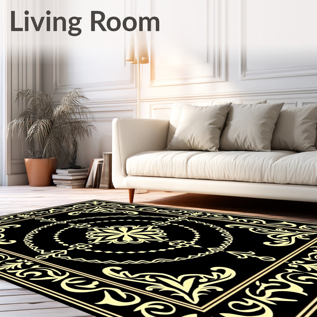 Ornate Golden Floral Medallion Black Rug