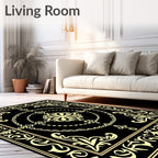 Ornate Golden Floral Medallion Black Rug