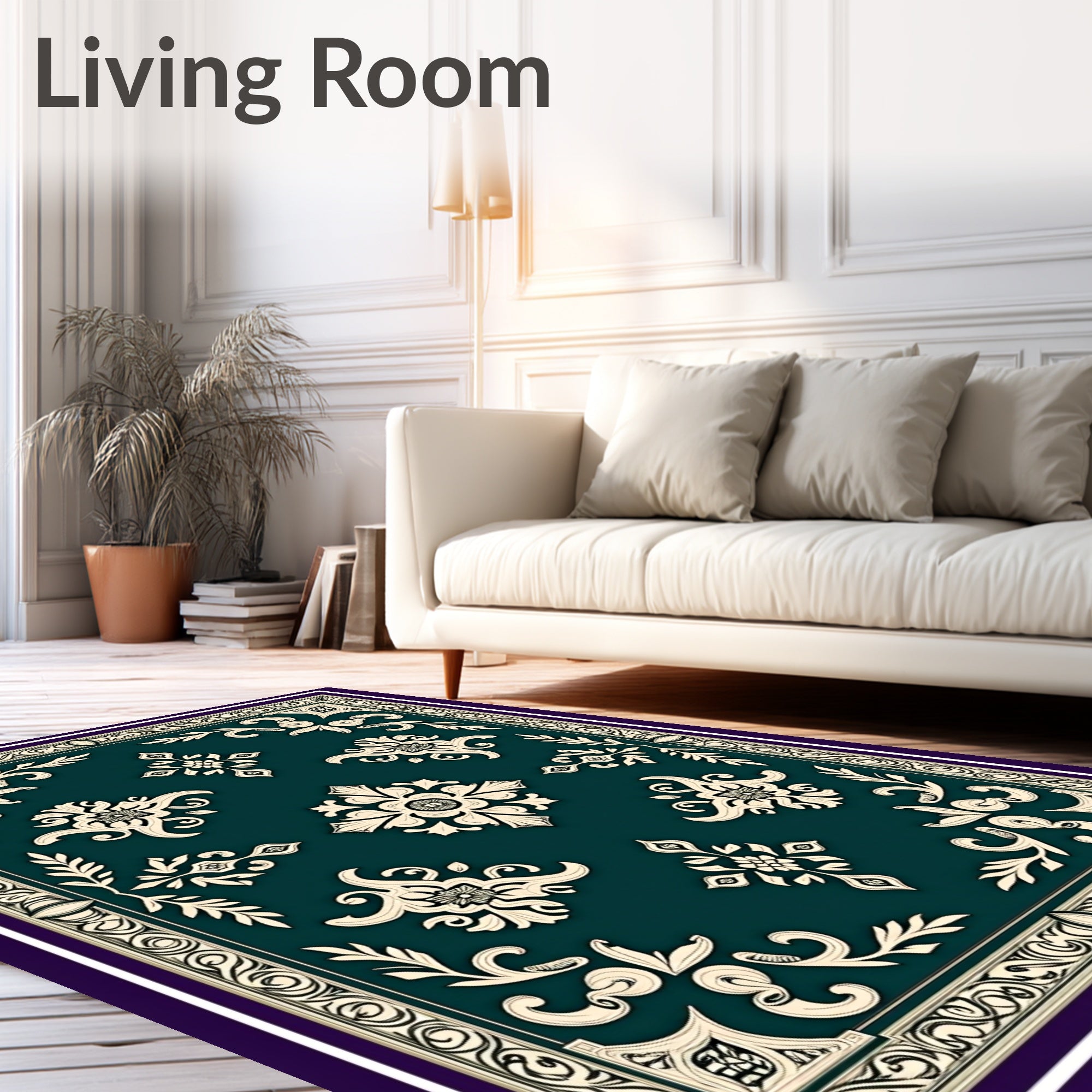 Deep Teal Ivory Medallion Floral Border Rug