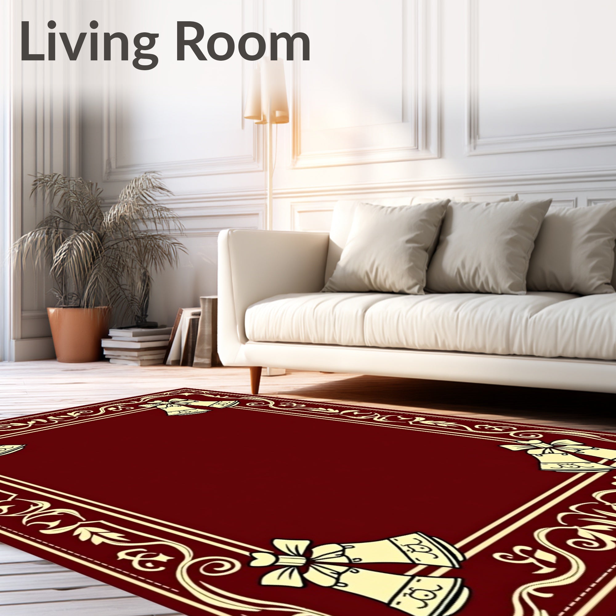 Crimson Bell Border with Swirling Vine Accents Rug