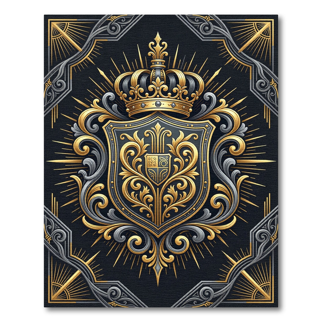 Ornate Royal Black and Gold Crest Rug