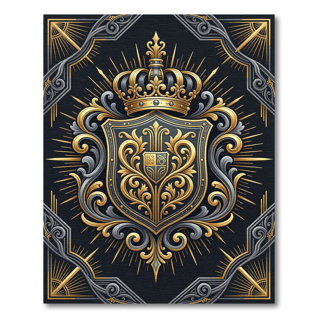 Ornate Royal Black and Gold Crest Rug